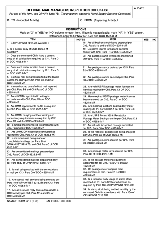 Fillable Navsup Form 5218 - Official Mail Managers Inspection Checklist (1/99) Printable pdf