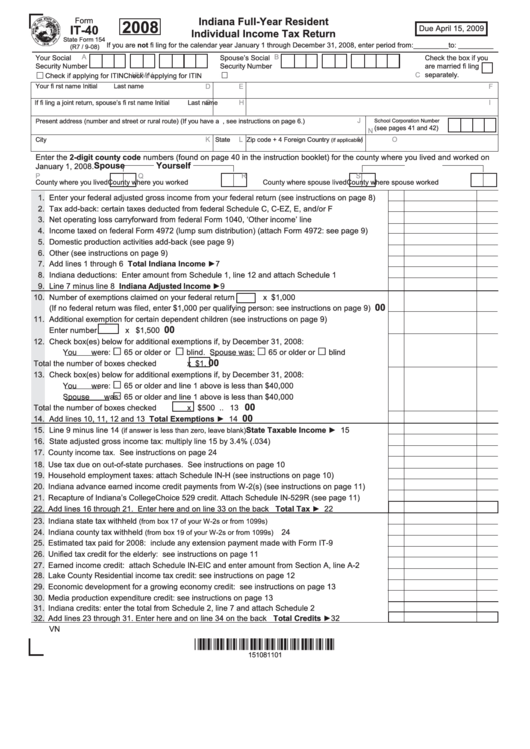 Form It-40 - Indiana Full-Year Resident Individual Income Tax Return - 2008 Printable pdf