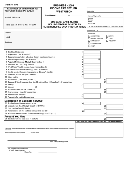 Form Fr 1172 - Business Income Tax Return - West Union - 2008 Printable pdf