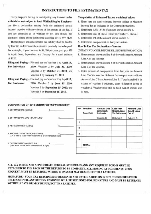 Instuctionscomputation Of 2010 Estimated Tax Worksheet Printable pdf