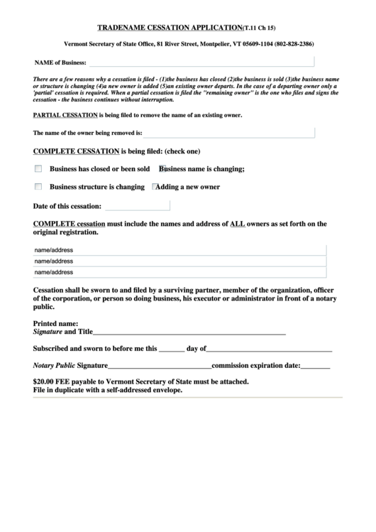 Tradename Cessation Application Printable pdf