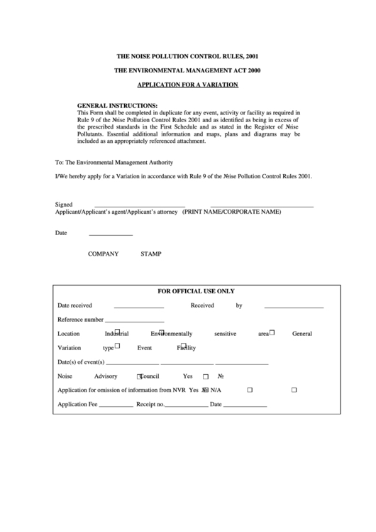 Application For A Variation Form - Environmental Management Authority Printable pdf