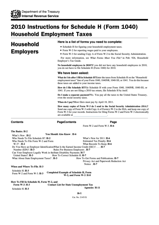 Instructions For Schedule H (Form 1040) Household Employment Taxes - 2010 Printable pdf