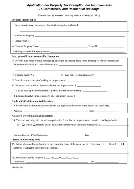 Fillable Form 24840 - Application For Property Tax Exemption For Improvements To Commercial And Residential Buildings Printable pdf