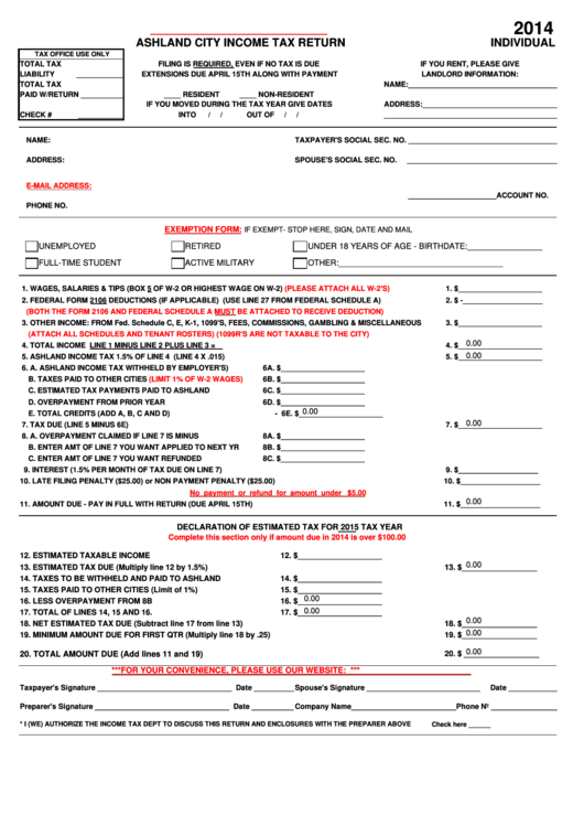 Fillable Ashland City Income Tax Return Form 2014 - State Of Ohio Printable pdf