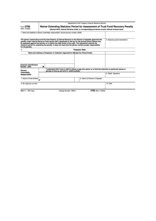 Fillable Form 2750 - Waiver Extending Statutory Period For Assessment Of Trust Fund Recovery Penalty Printable pdf
