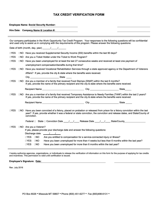 Tax Credit Verification Form - State Of Montana Printable pdf