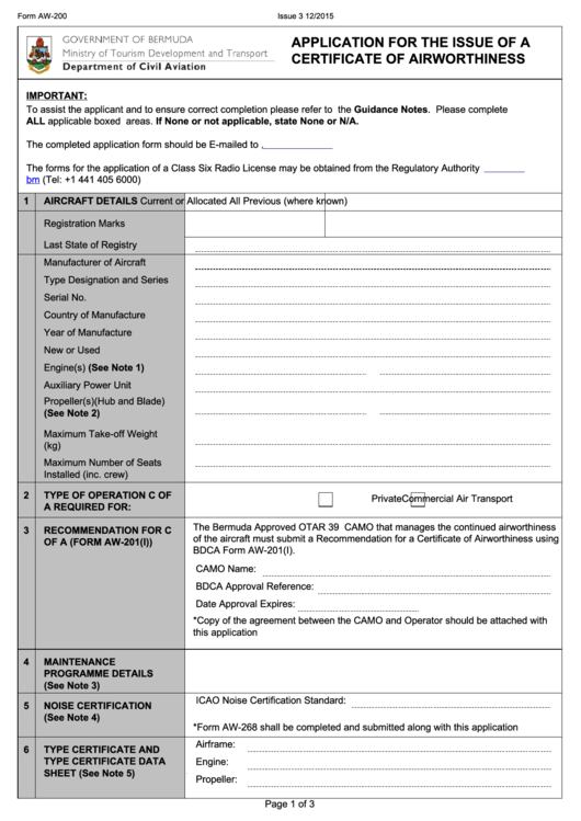 Fillable Form Aw-200 - Application For The Issue Of A Certificate Of Airworthiness Printable pdf