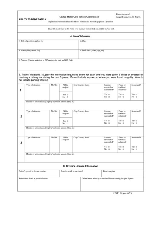 Fillable Form 665 - Experience Statement Sheet For Motor Vehicle And Mobil Equipment Operators Printable pdf