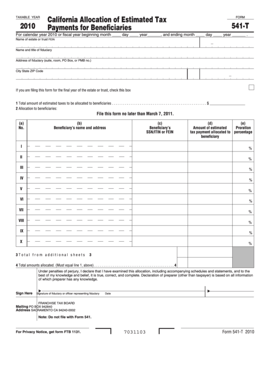 Fillable Form 541-T - California Allocation Of Estimated Tax Payments For Beneficiaries - 2010 Printable pdf