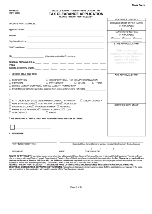 Fillable Form A-6 - Tax Clearance Application - Hi Department Of Taxation - 2005 Printable pdf
