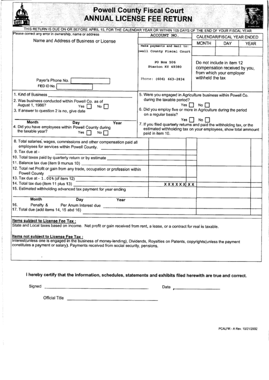 Annual License Fiscal Return Form - 2002 printable pdf download