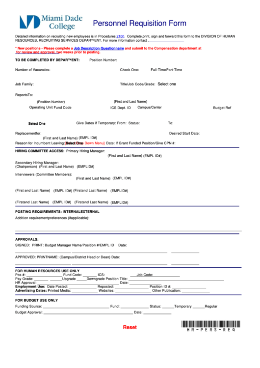 Personnel Requisition Form Printable pdf