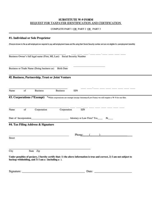 Substitute W-9 Form - Request For Taxpayer Identification And Certification Printable pdf
