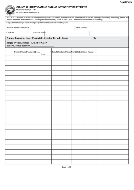 Fillable State Form 48682 - Cg-Inv, Charity Gaming Ending Inventory Statement Printable pdf