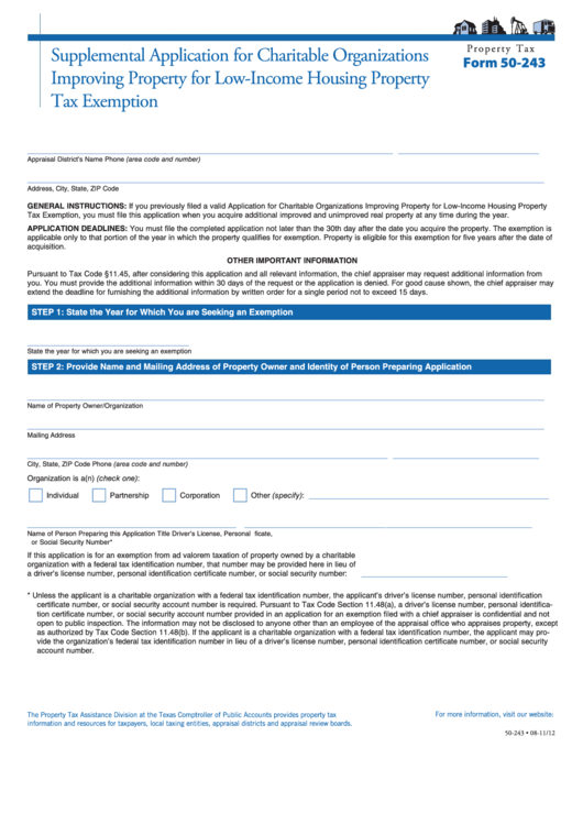 Fillable Form 50-243 - Supplemental Application For Charitable Organizations Improving Property For Low-Income Housing Property Tax Exemption Printable pdf