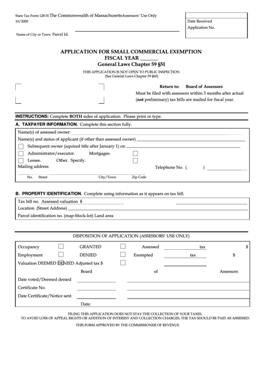 Fillable State Tax Form 128-5i -Application For Small Commercial Exemption Printable pdf