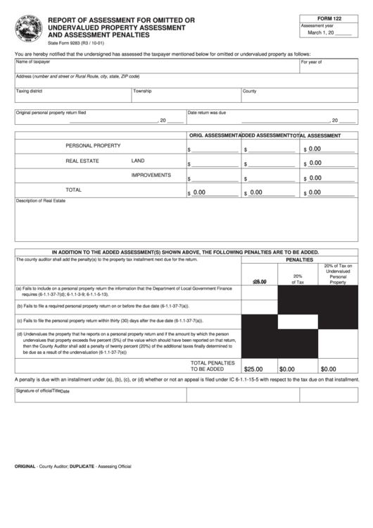 Fillable State Form 9283 - Report Of Assessment For Omitted Or Undervalued Property Assessment And Assessment Penalties Printable pdf
