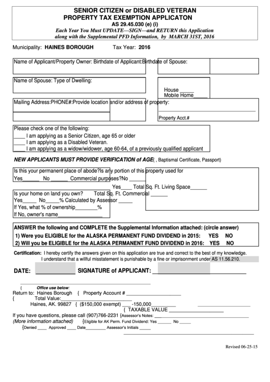 Senior Citizen Or Disabled Veteran Property Tax Exemption Applicaton - 2016 Printable pdf