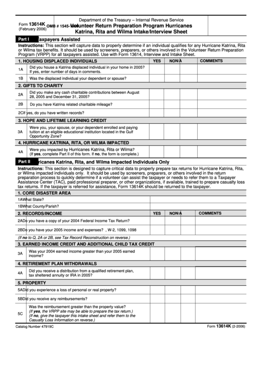Fillable Form 13614 - Volunteer Return Preparation Program Hurricanes Katrina, Rita And Wilma Intake/interview Sheet Printable pdf