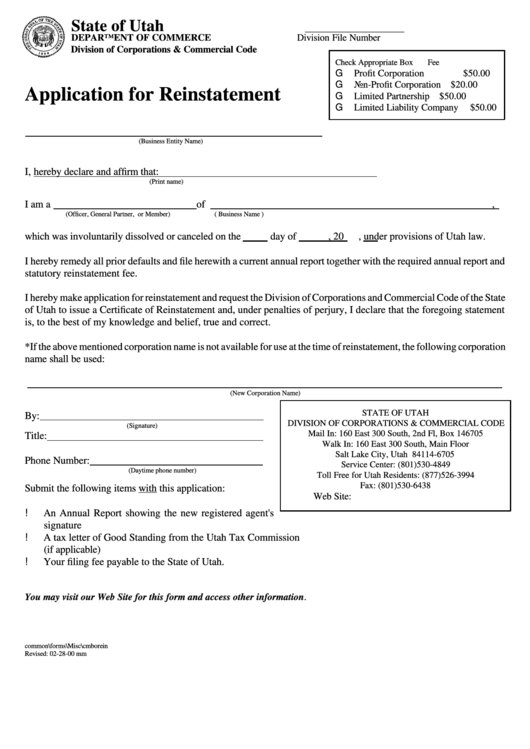 Application For Reinstatement - State Of Utah Printable pdf