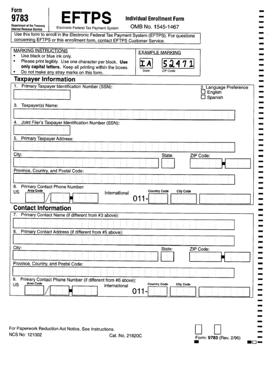 Form 9783 - Individual Enrollment Form - Eftps Printable pdf