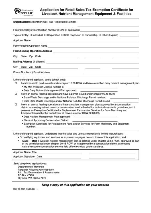 Application For Retail Sales Tax Exemption Certificate For Livestock Nutrient Management Equipment & Facilities Form Printable pdf