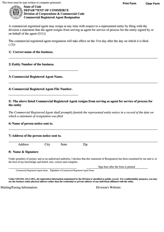 Fillable Commercial Registered Agent Resignation Form - State Of Utah Printable pdf