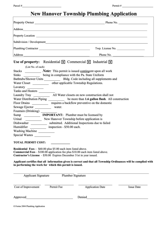 Plumbing Application Form - 2004 Printable pdf