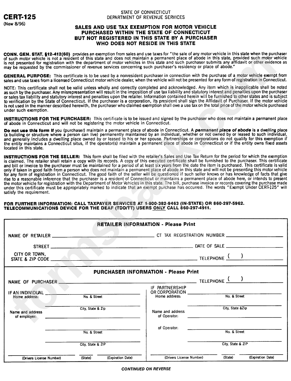 Form Cert-125 - Sales And Use Tax For Motor Vehicle - 1996