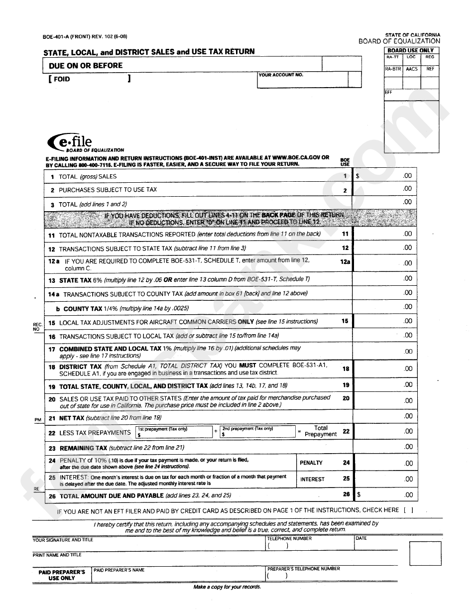 Form Boe-401-A - State, Local And District Sales And Use Tax Return