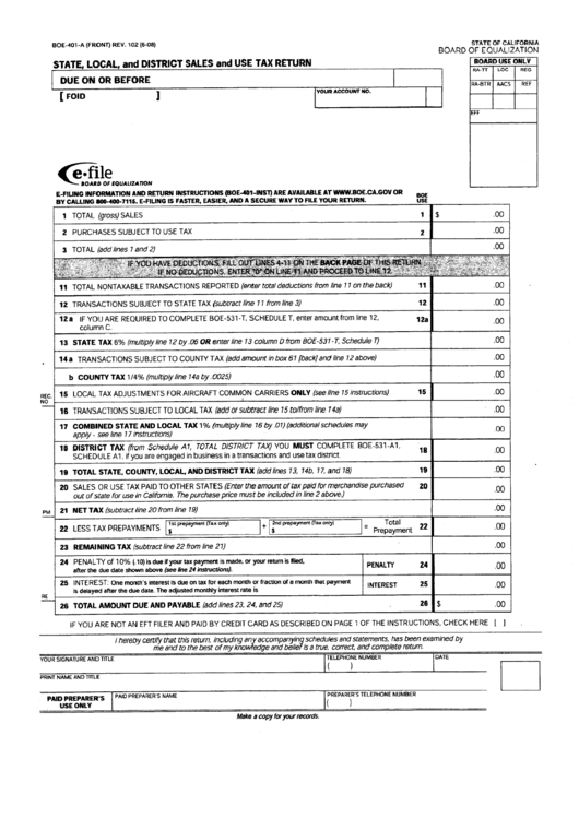 Form Boe-401-A - State, Local And District Sales And Use Tax Return Printable pdf