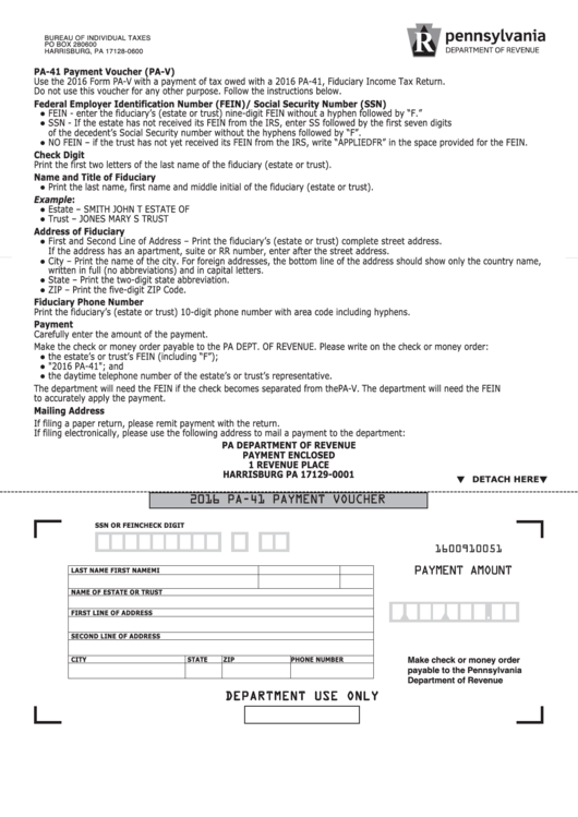 Fillable Form Pa-41 - Payment Voucher (Pa-V) - State Of Pennsylvania Printable pdf