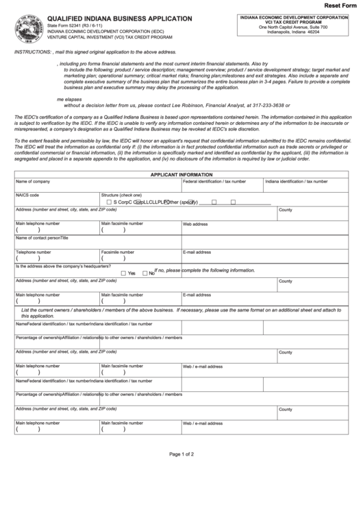 Fillable State Form 52341 - Qualified Indiana Business Application Printable pdf