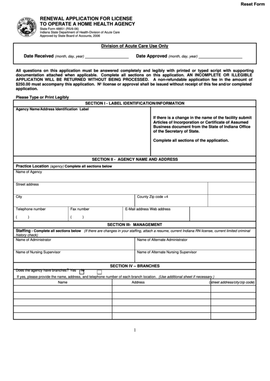 Fillable State Form 48851 - Renewal Application For License To Operate A Home Health Agency Printable pdf