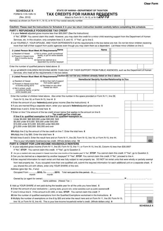 Fillable Form N-11/n-13/n-15 - Schedule X - Tax Credits For Hawaii Residents - 2010 Printable pdf