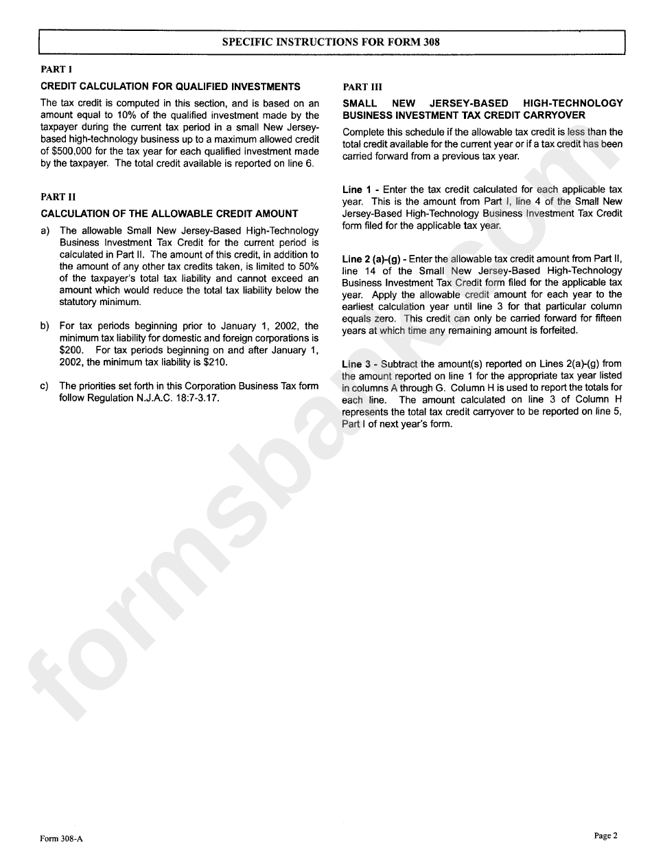 Instructions For Form 308 - Small High-Technology Investment Tax Credit - 2001
