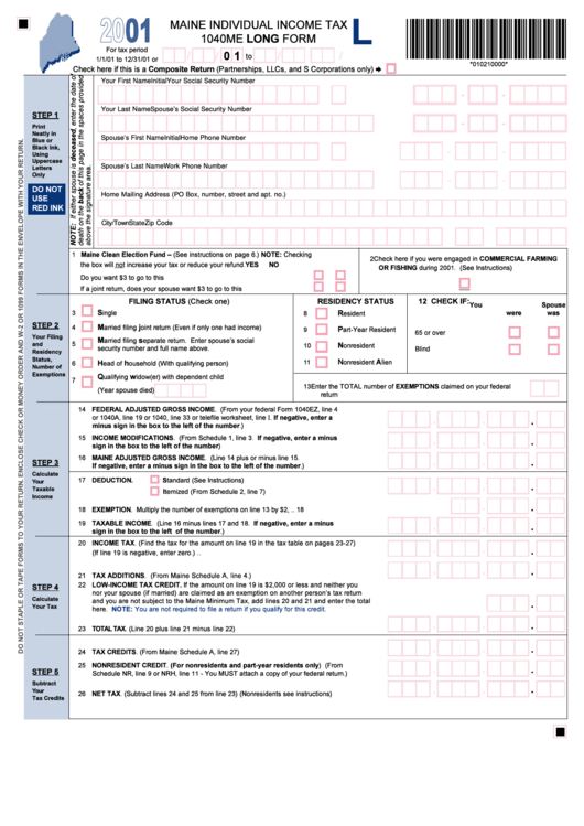 Form 1040me - Maine Individual Income Tax - Long - 2001 Printable pdf