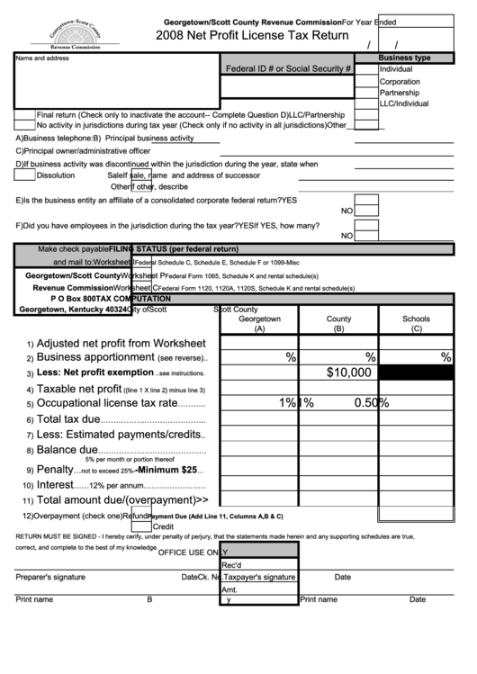2008 Net Profit License Tax Return - Georgetown/scott County Revenue Commission Printable pdf