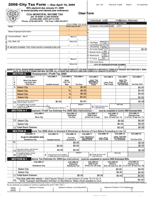 Fillable Cca Form 120-16-Ir - Municipal Income Tax - 2008 Printable pdf