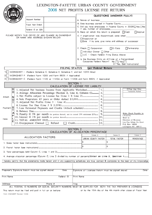 Form 228/08npf - 2008 Net Profits License Fee Return - Lexington-Fayette Urban County Government Printable pdf