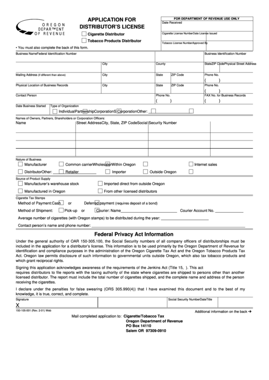 Fillable Form 150-105-001 - Application For Distributor