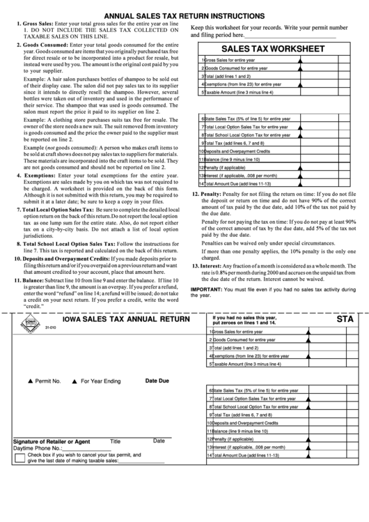 Form Sta - Annual Sales Tax Return Instructions Printable pdf