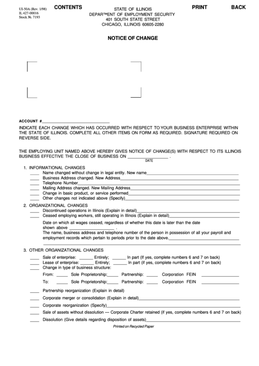 Form Ui-50a - Notice Of Change - 1998 Printable pdf