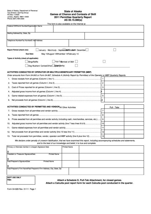 Form 04-828 - Games Of Chance And Contests Of Skill - Permittee Quarterly Report - 2011 Printable pdf