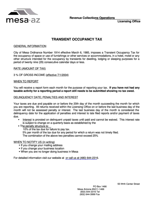 Application For License, Transient Occupancy Tax - City Of Mesa Printable pdf