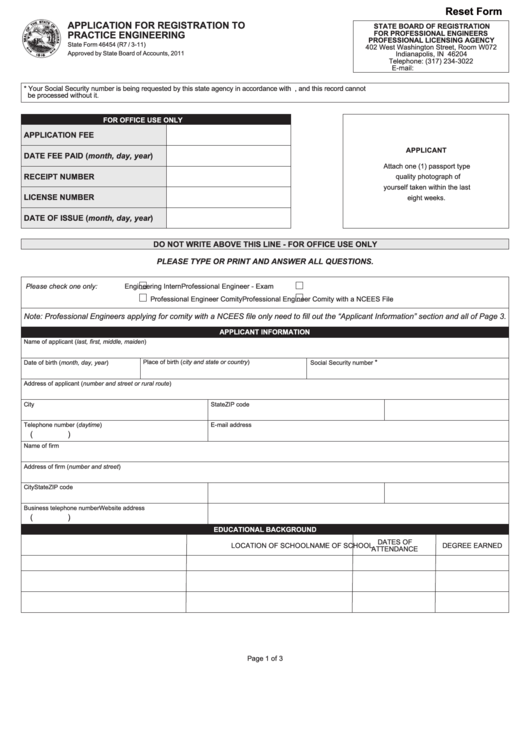 Fillable State Form 46454 - Application For Registration To Practice Engineering (2011) Printable pdf
