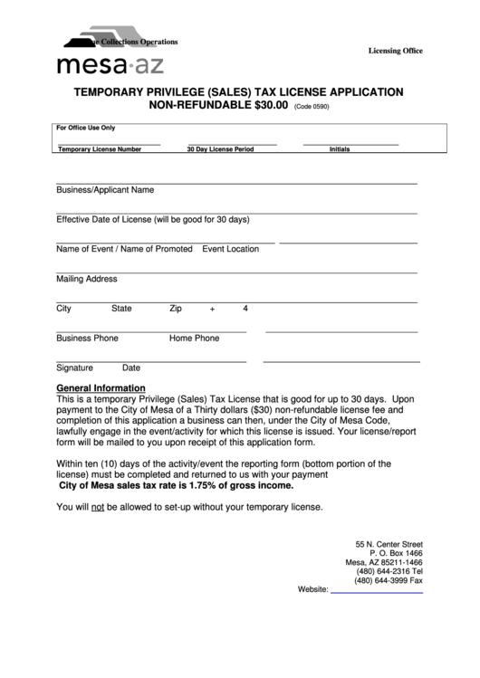 Fillable Temporary Privilege (Sales) Tax License Application Form - City Of Mesa Printable pdf