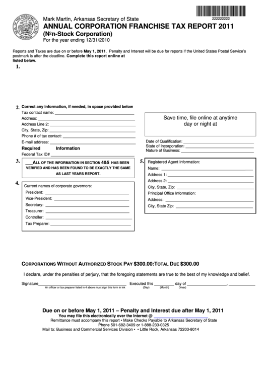 Annual Corporation Franchise Tax Report 2011 (Non-Stock Corporation) Form Printable pdf