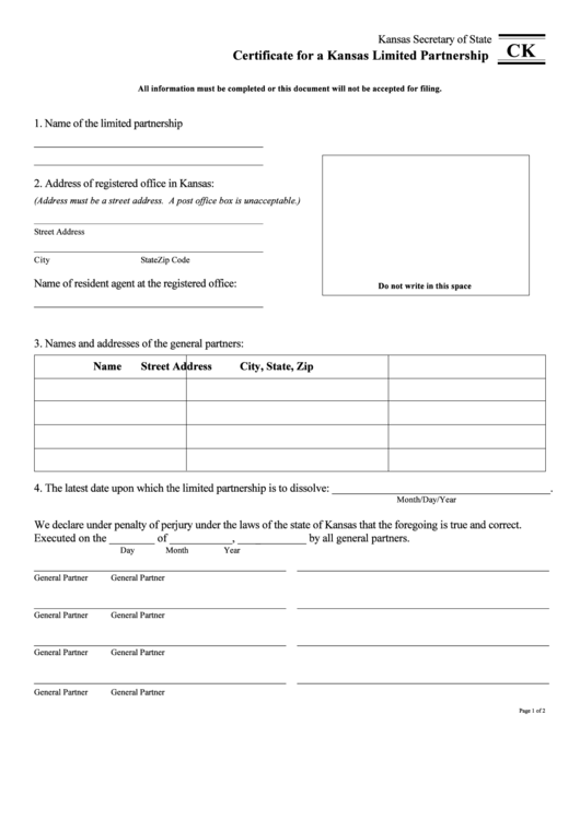 Form Ck - Certificate For A Kansas Limited Partnership - 2001 Printable pdf